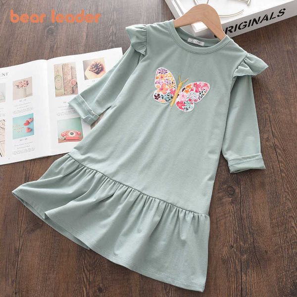 Bear líder Primavera Borboleta Dos Desenhos Animados Vestido Criança Bebé Princesa Bonito Vestidos Estilo Coreano Crianças Crianças Cotumes 3-7Y 210708