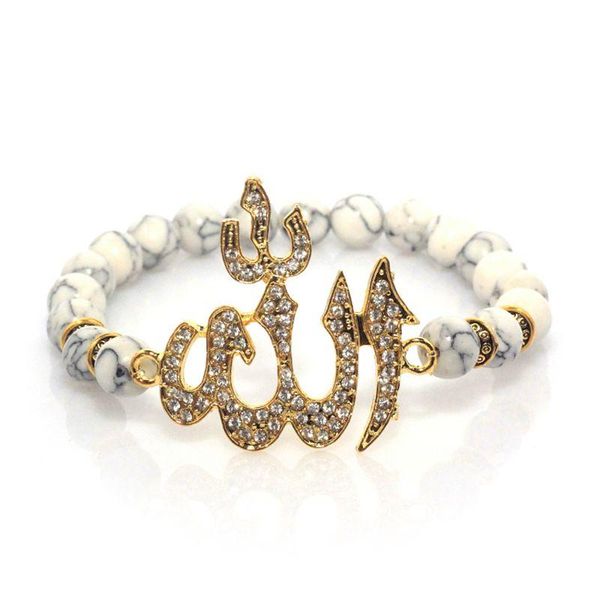 

charm bracelets 8mm white turquoises natural stone for women men muslims stretch elastic beads bracelet jewelry, Golden;silver