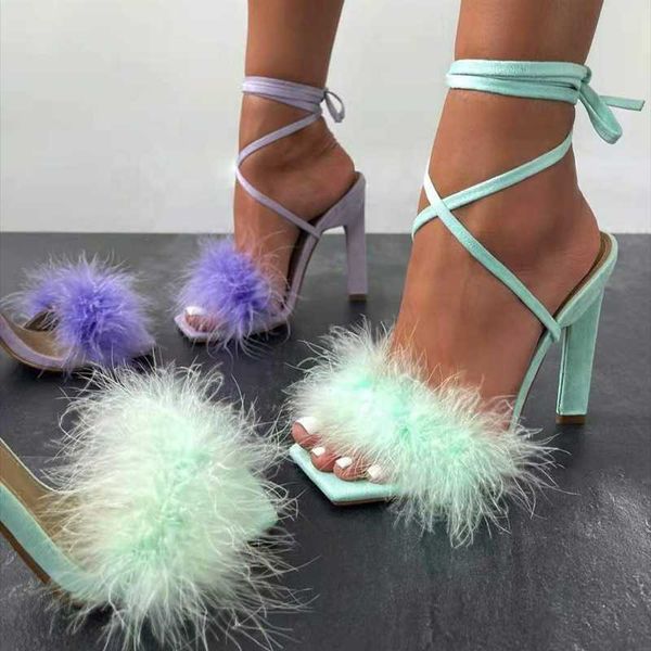 

dress shoes fancy girl's cross strap lace up square toe high heel sandals for ladies women summer fluffy fur sandal, Black