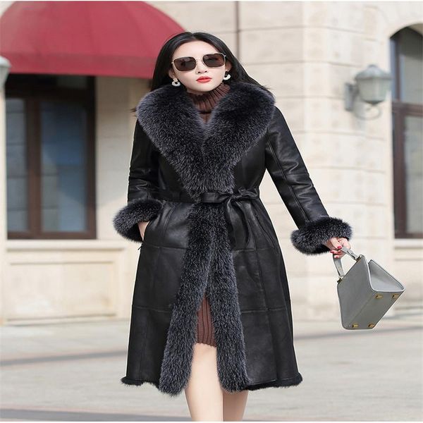 

women's fur & faux all-in-one winter fashion long coat 2021 slim leather plus size 961, Black