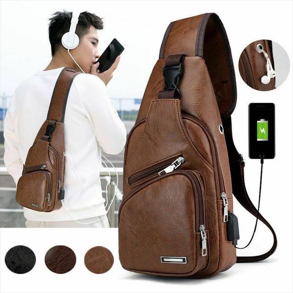 

mens leather sling pack chest shoulder crossbody bag backpack biker satchel usb charging sports handbag