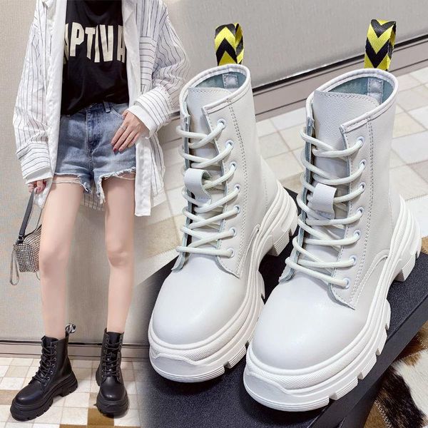 

boots 2021 fashion punk motorcycle zipper platform women mid-heel pu leather lace-up warm women's shoes white botas mujer, Black