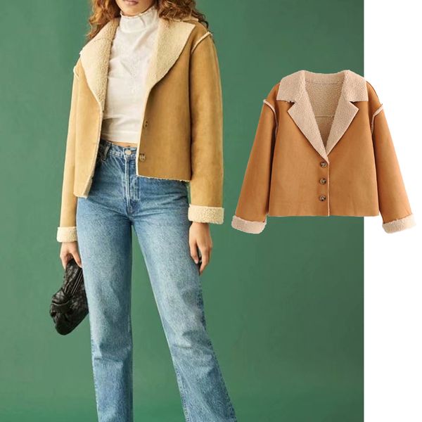 

woman autumn lamb wool collar short jacket lady streetwear, Black;brown
