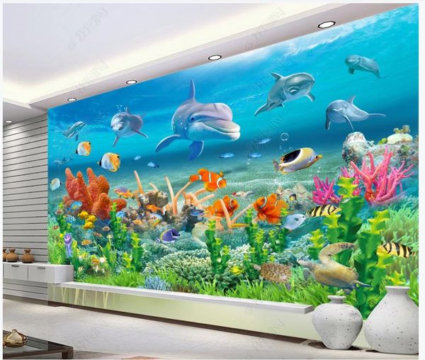 Photo Photo Wallpapers per pareti murali 3D Murales subacqueo Dolphin Coral Reef Acquario Camera per bambini Telefono Sfondo Wall Papers Decorazione della casa