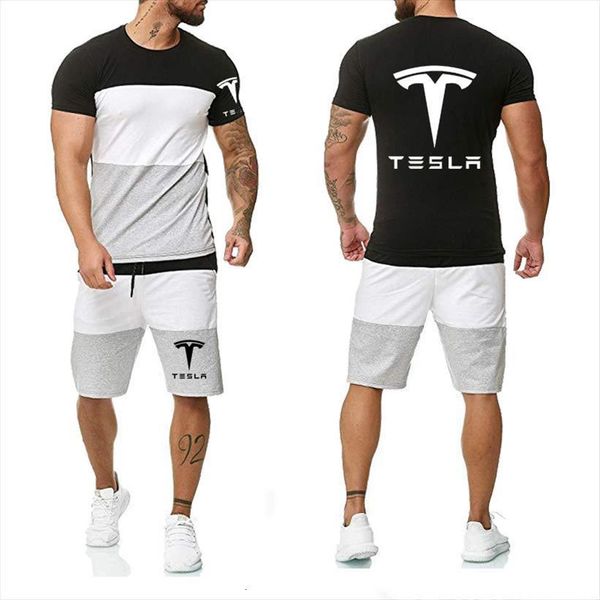 

short sleeve tesla car summer men tracksuit casual t shirt harajuku cotton shorts suit 2pcs, Gray