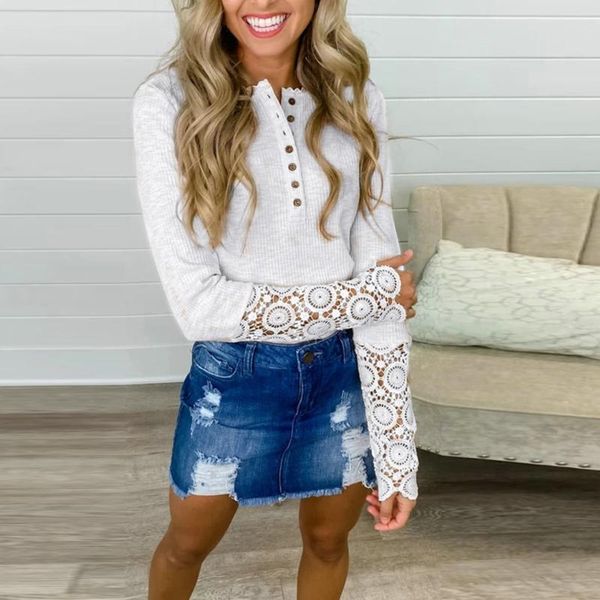 

women's t-shirt casual undershirt lace hollow out solid woman tee o-neck buttons long sleeve t shirts for women spring female, White
