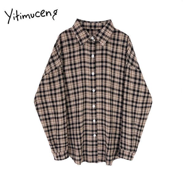 

yitimuceng plaid blouse women khaki office lady plus size shirts spring casual vintage clothing turn-down collar streetwear 210601, White