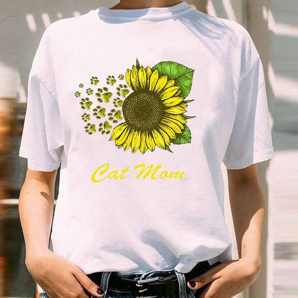 

women's t-shirt women graphic cat floral clothing 90s cartoon animal short sleeve lady print female clothes tees tshirt, White