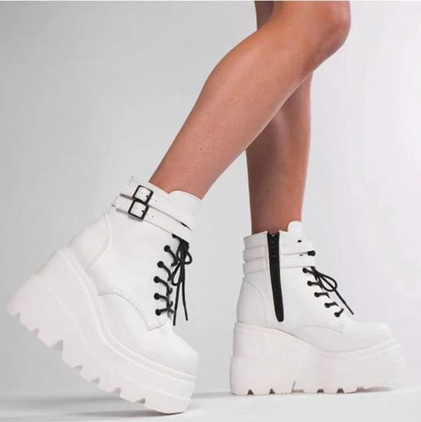 

boots winter fashion high platform leather wedges ankle women 2021 female punk style heels shoes for woman, Black