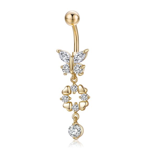 Zircon Butterfly Dangle Botão Botão Anel na moda Sexy Umbigo Anéis Aço Inoxidável Body Piercing Jóias