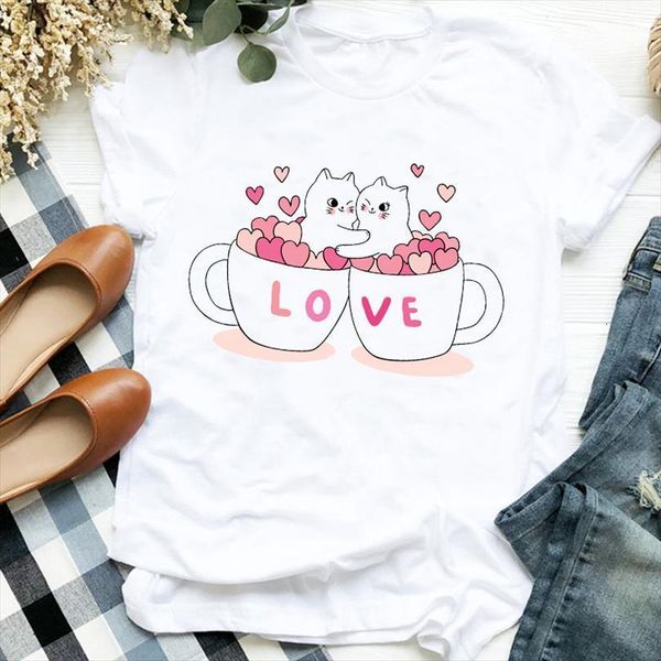 

and women lady cartoon love men cat coffee printing casual print 90s trend tee womens female clothes graphic, White;black
