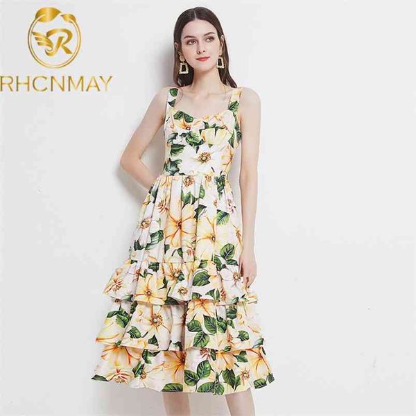 

summer fashion runway midi dress women's spaghetti strap backless ruffles flower print beach dresses for women 210506, Black;gray