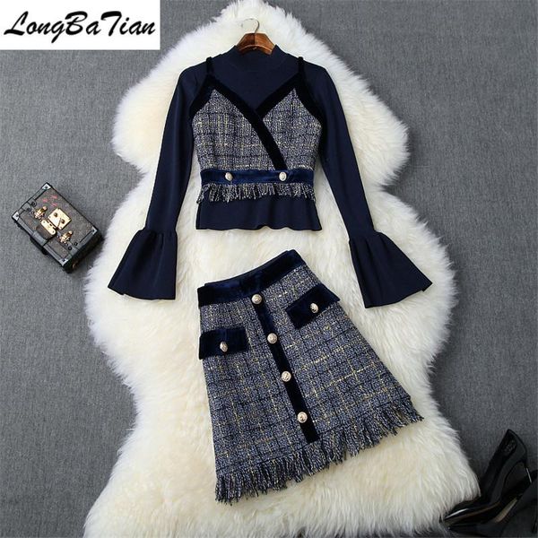 

winter flare sleeve stand collar pullover tweed two buttons camis tassel skirt 3 piece women blue patry dress set, White