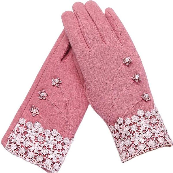 

five fingers gloves fashion elegant womens touch screen winter ladies lace warm cashmere bow full finger mittens wrist guantes gift 16a-f, Blue;gray