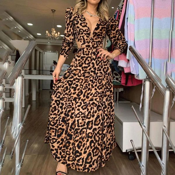 

casual dresses women backless leopard long dress deep v neck sleeve back lace up a line print autumn 2021 maxi party vestidos, Black;gray