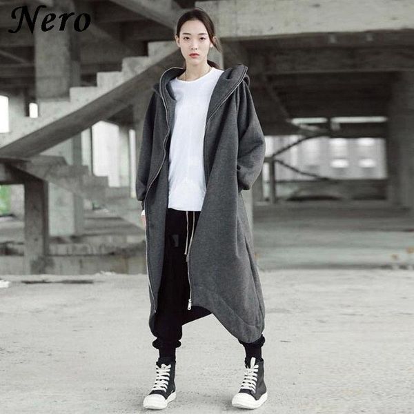 

hooded long plus fleece jackets women autumn winter loose casual outwear windbreakers solid street harajuku chic coat sweatshirt women', Black