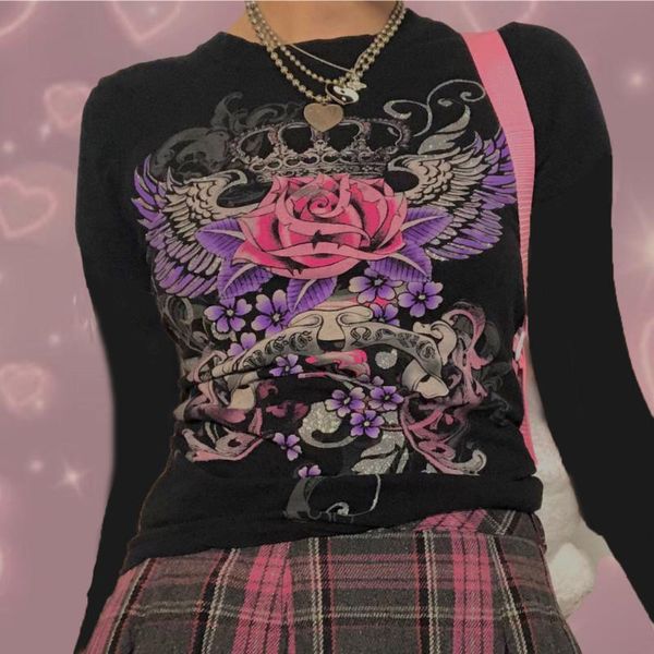

women's t-shirt women retro long sleeve ladies casual wing rose print autumn o-neck black, White
