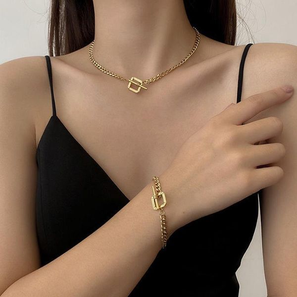 

pendant necklaces simple gold thick chain square necklace for woman bracelet set stainless steel choker clavicle party jewelry accessories, Silver