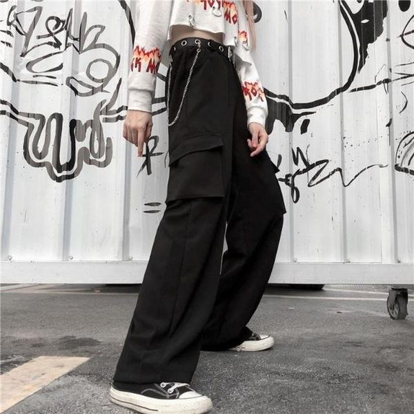 

women's pants & capris houzhou gothic black cargo harajuku chain wide leg jogger baggy streetwear techwear casual loose gray trouser fe, Black;white