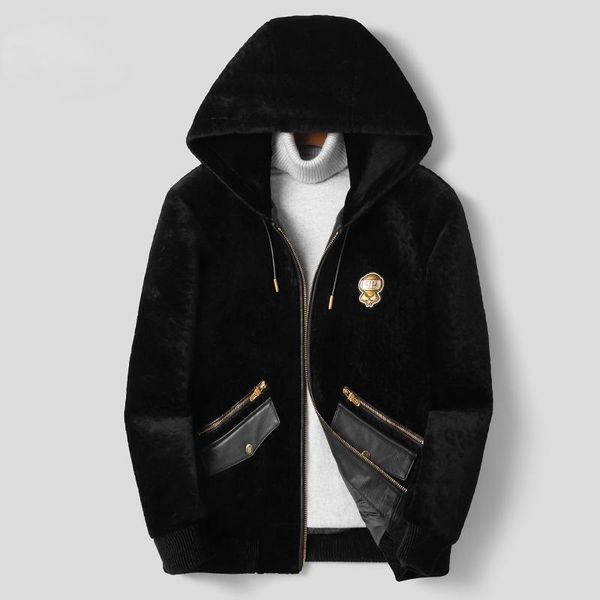 

men's leather & faux winter hooded 100% real sheep shearing jacket men 2021 warm short white duck down coat male wool jackets casaco ma, Black