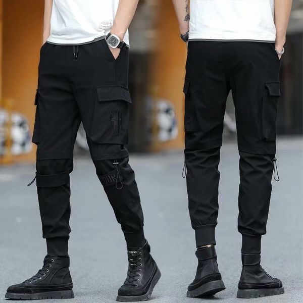 

black functional overalls men's net celebrity fried street pants tide brand spring and autumn small feet multi-pocket binding feet casu