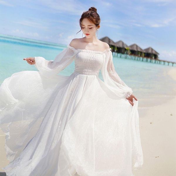 

casual dresses white dress elegant fairy chiffon off shoulder maxi long sleeve beach women boho autumn clothes 2021 vintage, Black;gray