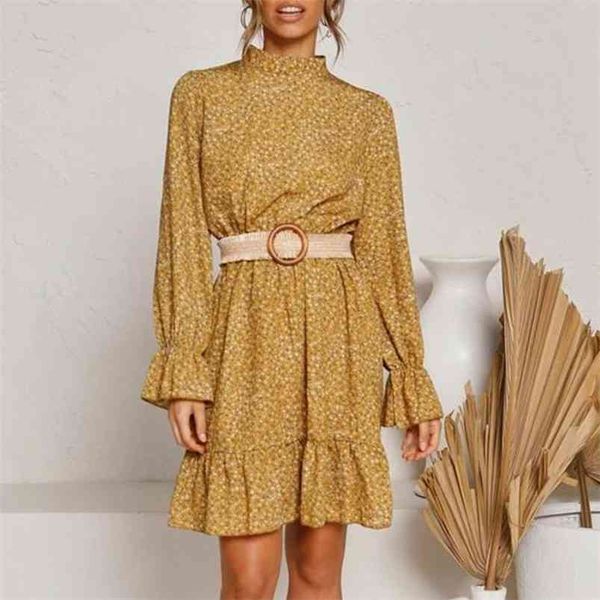 

long sleeve autumn winter boho dress women casual yellow floral short office elegant vestidos 210427, Black;gray