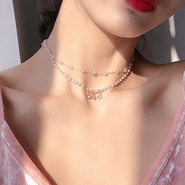 

chains fashion simulated pearl crystal multi layer pendant choker necklaces for women girls vintage gold color chain necklace jewellery, Silver