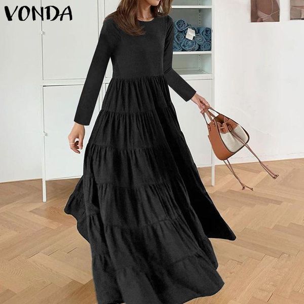 

plus size long maxi dress women cotton party vestidos vonda casual o neck sleeve solid dresses s-5xl elegant robe oversized, Black;gray