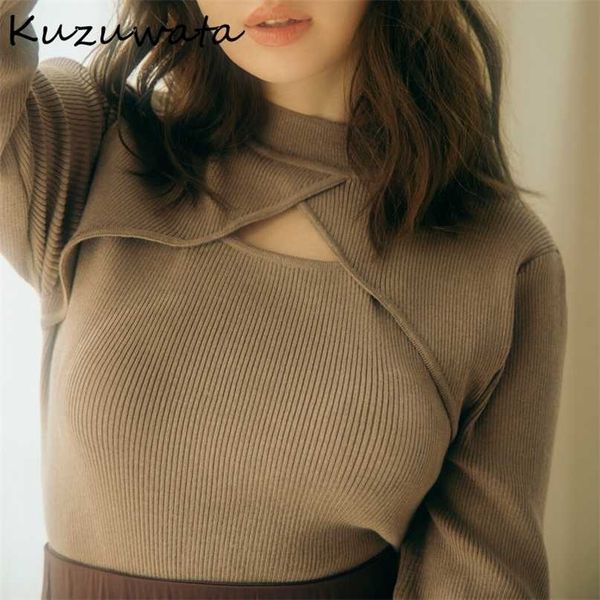 

kuzuwata autumn fashion women jumpers hollow neck cross long sleeved knitted sweater solid japanese pullover 211011, White;black