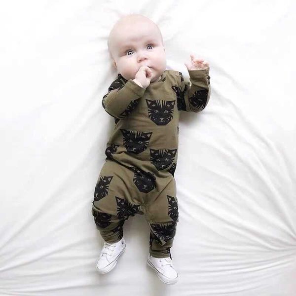 

baby boy girl romper long sleeve cotton army green cat head print pattern baby clothes born infant clothing outfits 210722, Blue