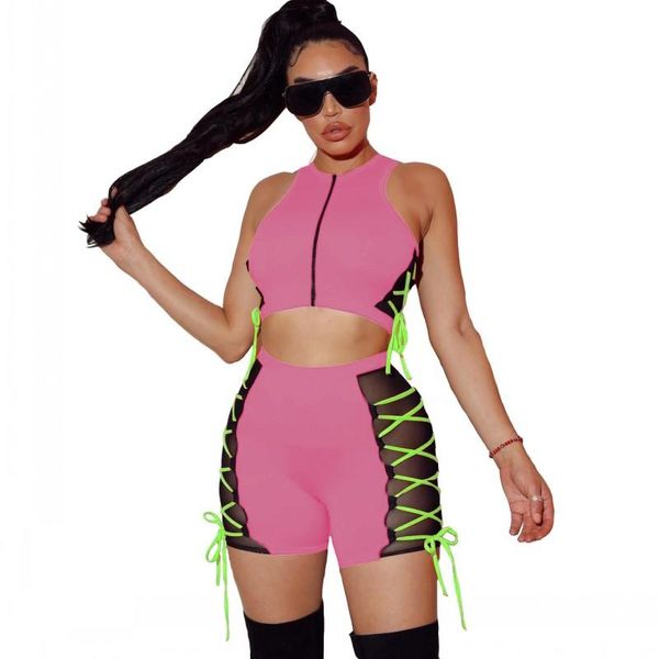 

short tracksuit women set zipper sleeveless tank crop pant suit fashion lace up mesh splice clubwear two piece outfits women's tra, Gray
