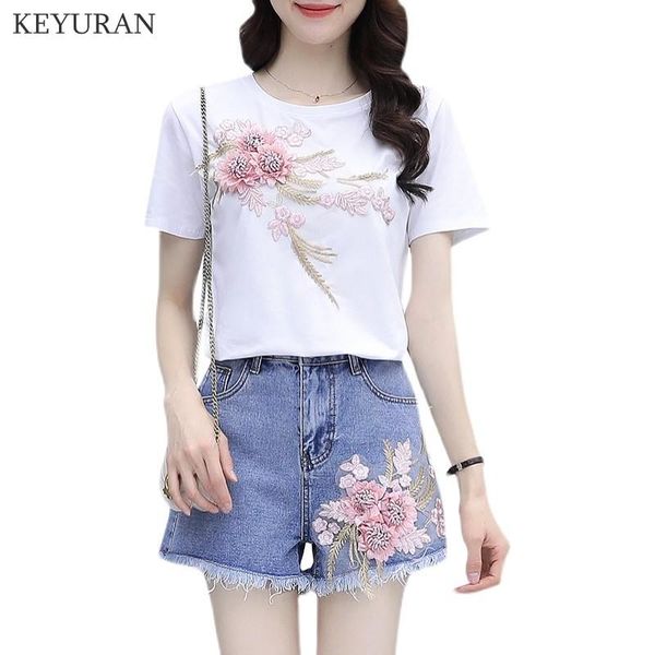 

women's tracksuits 2021 summer 2 piece set clothing 3d flower embroidery white tshirts+blue denim shorts sets female casual suits outfi, Gray