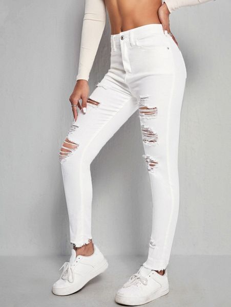 

solid ripped skinny jeans i2w5#, Blue