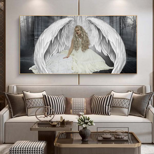 Черные белые крылья ангел девушка холст живопись плакаты картинки декоративные маслом картины искусства стены плакаты для стены дома декора