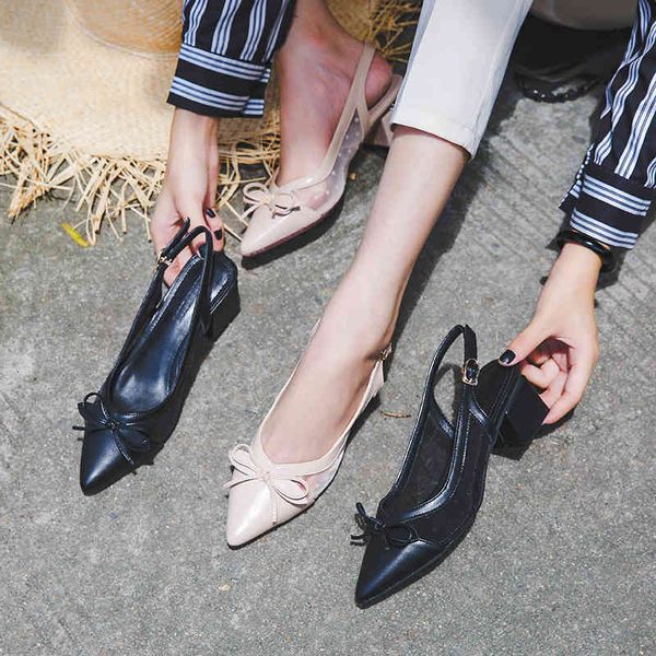 

sandals summer women ladies pointed toe slingback mesh air dots elegant thick high heel size 33~43 n3lt, Black