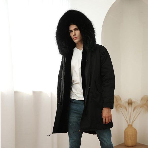 

men's leather & faux fur overcome by tooling school in winter 2021 middle long coat one piece thickened nick young men, Black