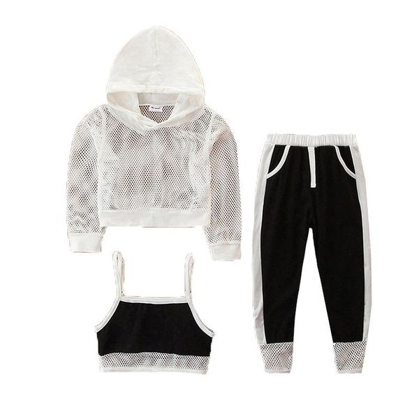 

clothing sets 2021 spring kids sport clothes girls tracksuit for children mesh long-sleeve hoodies + camisole sports pants suit, White