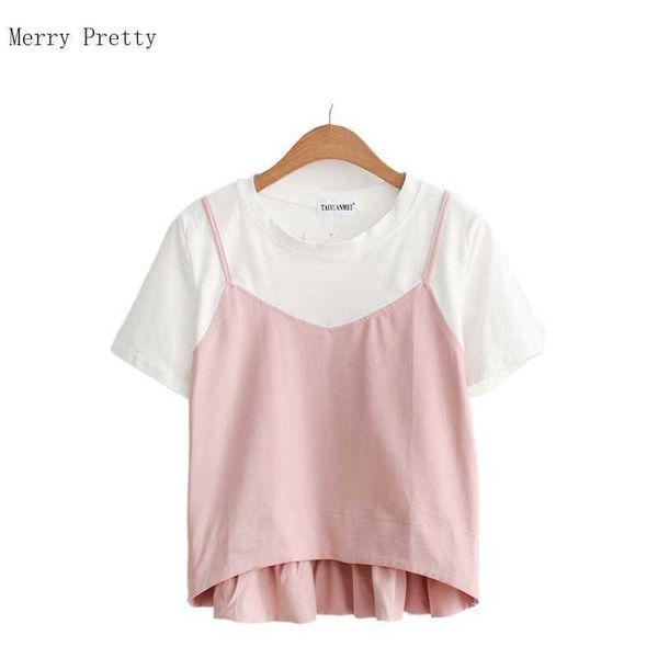 

fake two piece casual cotton blouses women summer short sleeve o-neck korean fashion female basic 210526, White