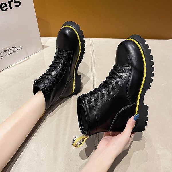 

boots size35-40 chunky motorcycle for women autumn 2021 fashion round toe lace-up combat ladies shoes platform, Black
