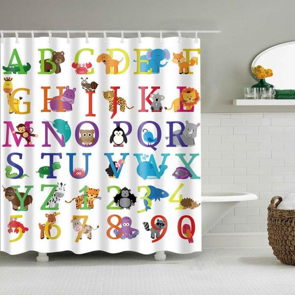 

cartoon animals shower curtain twenty six letters bath accessories with 12 hooks waterproof polyester fabric bathroom decor curtains