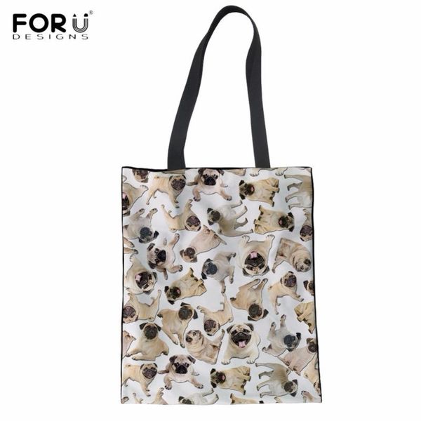 

shopping bags forudesigns cute 3d puzzle pug dog/puppy print cloth for woman casual large girls linen tote reusable eco bag