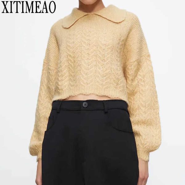 

za women lapel knitted sweater casual houndstooth lady pullover sweaters female autumn winter retro jumper 210602, White;black