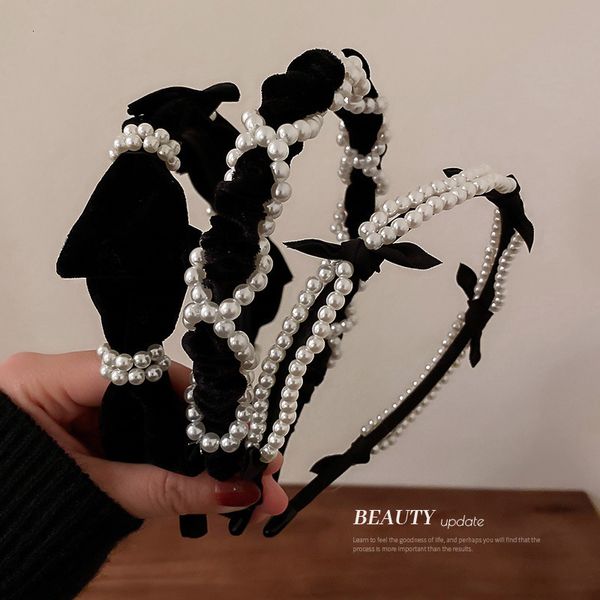 

hair jewelry autumn and winter french pearl bow hoop black high-quality silk wool personalized simple accessories, Golden;white