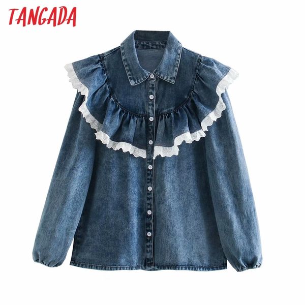 

women retro oversized ruffles vintage denim blouse long sleeve chic female casual loose shirt 6p24 210416, White