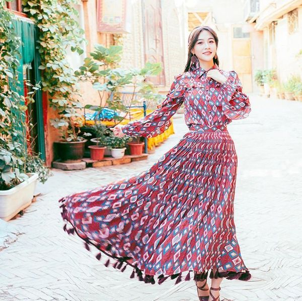

vintage autumn chiffon plaid floral print bow shirt women 2 pcs set + high waist tassel long ball gown beach skirt two piece dress, White