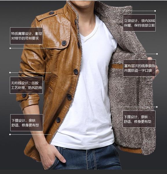 

men's jackets plus fat size fur one casual stand-up collar winter leather jacket velvet pu mid-le 5jm8, Black;brown