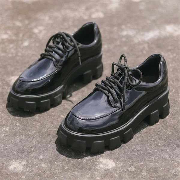 

female platform shoes patent leather women dress med heels lace up casual mary jane round toe, Black