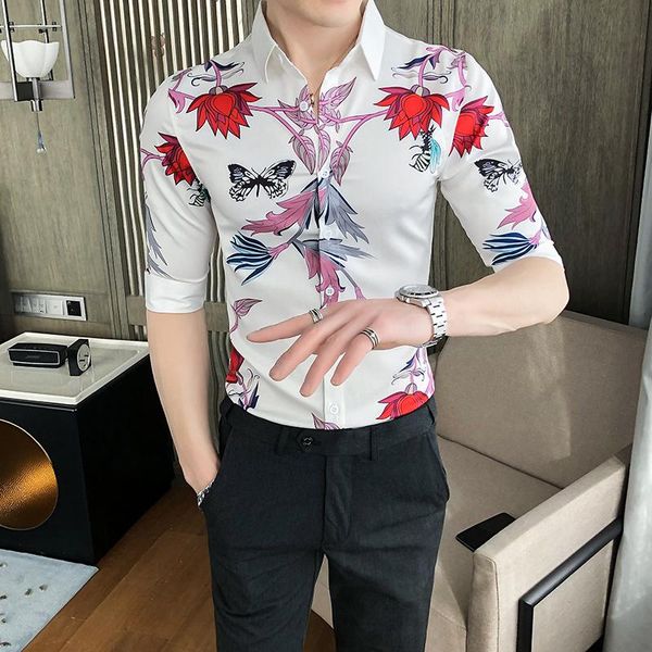 

men's casual shirts autumn fashion men social business shirt slim fit half sleeve floral dress print blouse, White;black