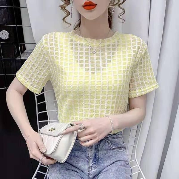 

women's t-shirt plaid round neck short sleeve women 2021 summer fashion hollow all-match bottoming t shirt loose y675, White